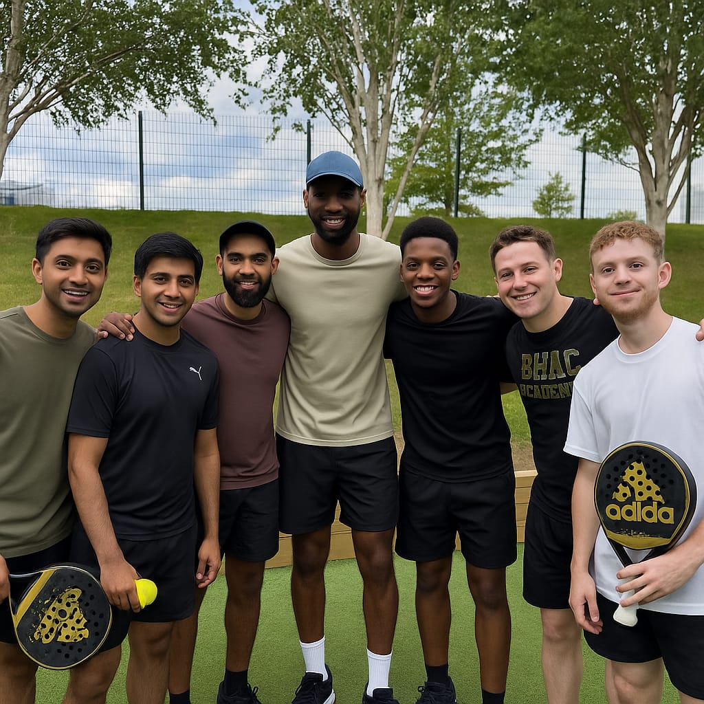 Padel court male players enjoying a group photo while using the premium facilities